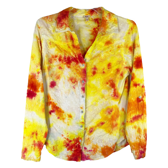 Reba Medium Button Down Top‎ Handmade Tie Dye Southern Fire Yellow Orange 1519 - Picture 1 of 8